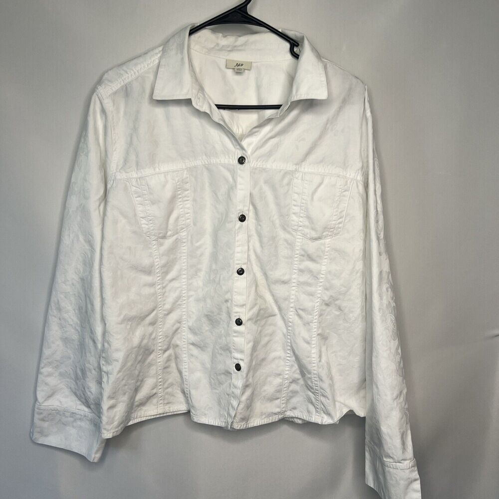 J. Jill Blouse XL White Damask 100% Cotton Decorative Buttons Long Sleeve Top